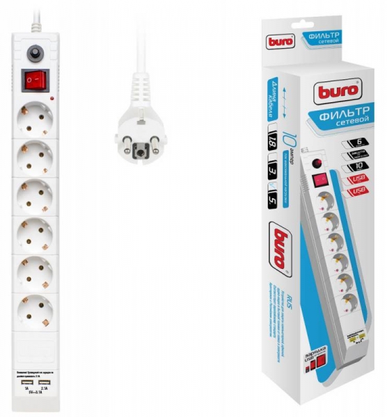 Сетевой фильтр Buro BU-SP5_USB_2A-W 5м 