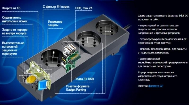 Surge protector Pilot 3G 3xGP euro outlets, 10А/2.2кВа, 2xUSB, 1.8m, black