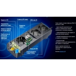 Surge protector Pilot 3G 3xGP euro outlets, 10А/2.2кВа, 2xUSB, 1.8m, black