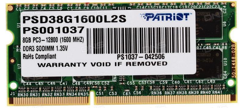 Модуль памяти PATRIOT 8GB PC12800 DDR3L SO-DIMM (PSD38G1600L2S)