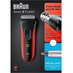 Бритва сетчатая Braun Series 3 3030s+EN10 черный/красный