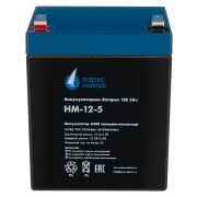 Battery Parus Electro, standard series HM-12-5, voltage 12V, capacity 5Ah (discharge 20 hours), max. discharge current (5sec) 75A, max. charge current 2A, lead-acid type AGM, terminals F2, LxWxH 90x70x101mm., total height with terminals 107mm., weight 1.8kg., service life 6 years.