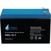 Battery Parus Electro, professional series HML-12-7, voltage 12V, capacity 7.2Ah (discharge 20 hours), max. discharge current (5sec) 140A, max. charge current 2.8A, lead-acid type AGM, terminals F2, LxWxH 151x65x94mm., total height with terminals 101mm., weight 2.5kg., service life 12 years.