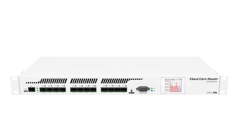 MikroTik Cloud Core Router 1016-12S-1S+ with Tilera Tile-Gx16 CPU (16-cores, 1.2Ghz per core), 2GB RAM, 12xSFP cages, 1xSFP+ cage, RouterOS L6, 1U rackmount case, Dual PSU, LCD panel